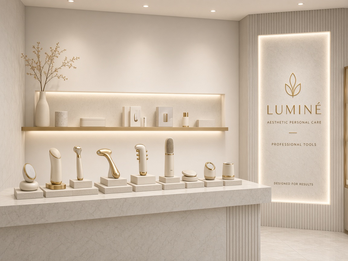 Luxury personal care tools arranged in a minimalist wholesale showroom