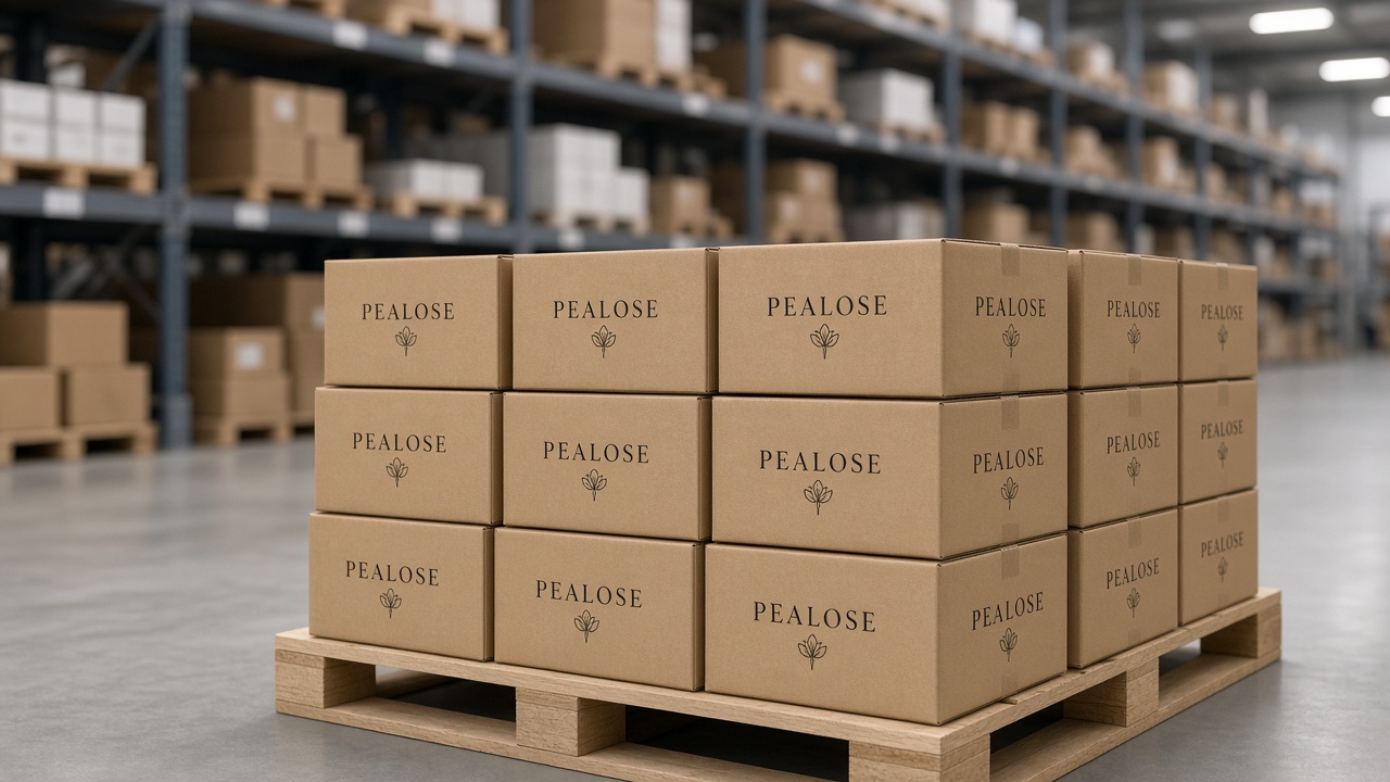 Commercial B2B cosmetic warehouse with PEALOSE branded cartons on pallets